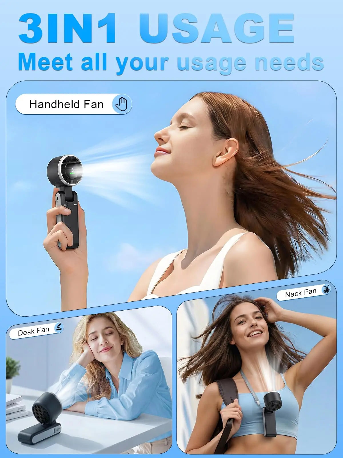 Portable Handheld Turbo Fan, 5 Gear Wind, Battery Operated, up to 13 Working Hours Rechargeable Fan, 3 in 1 Hand Fans with Air Turbo Tech Cooling Fan for for Travel, Beach, Outdoor