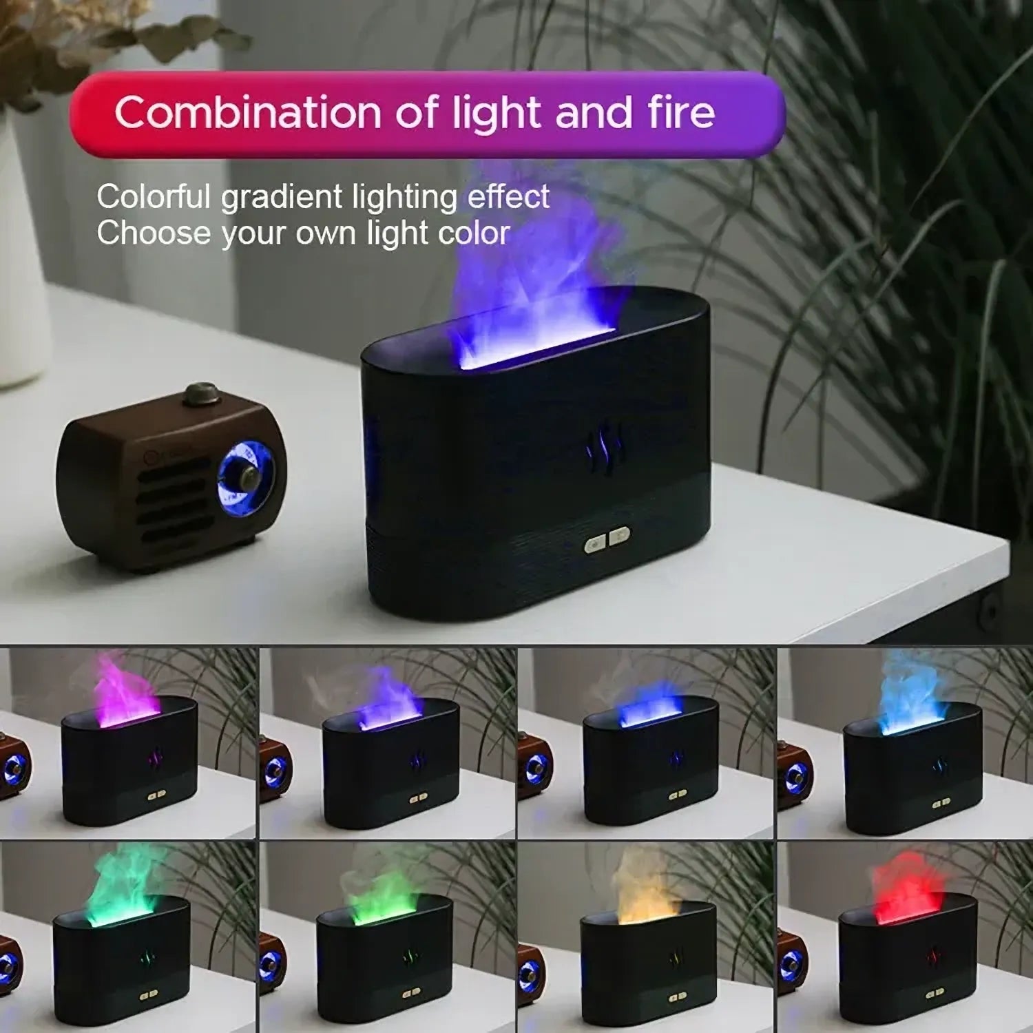 Ultrasonic Cool Mist Humidifier with 7-Color Flame Lights and Essential Oil Diffuser for Room, White