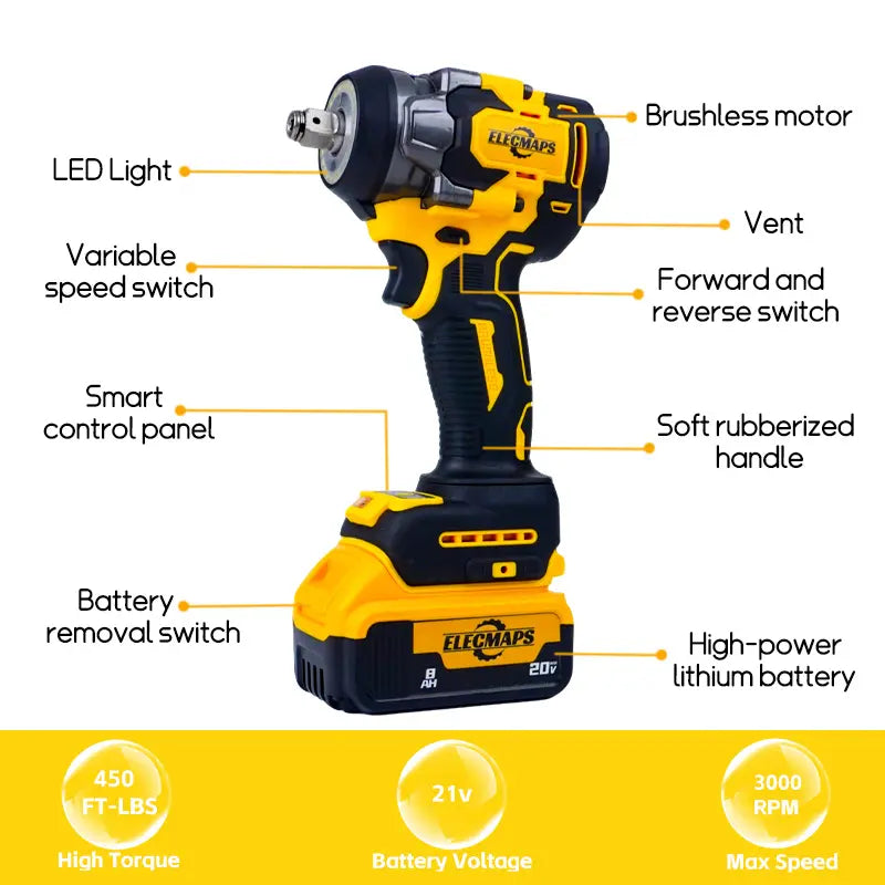 20V Cordless High-Torque Impact Wrench - 450N, 3000 RPM, Brushless Motor, 450 Lb. Tool Only (Battery Not Included) for Heavy Machinery and Automotive Repair
