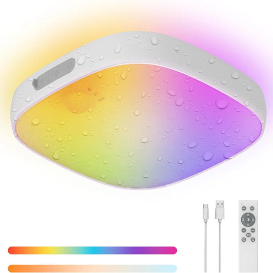 FULEN Shower Lights IP65 Waterproof, Motion Sensor Ceiling Light, Rechargeable Closet Light with 10000Mah Battery, LED Shower Lamp for Bathroom, Cordless Ceiling Lamp with RGB Colors, Remote Control